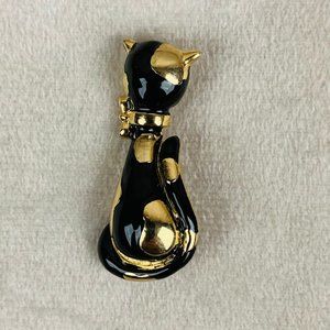 Vintage Kitty Cat Gold Tone and Black Enamel Brooch